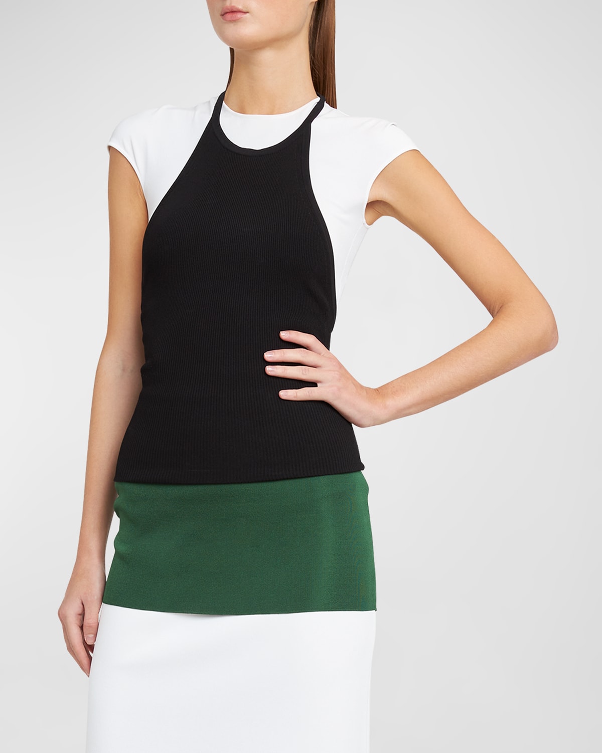 Ferragamo Colorblock Layered Cap-sleeve Midi Dress In White/green/black