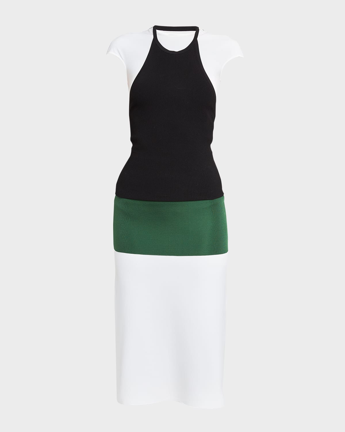 Ferragamo Colorblock Layered Cap-sleeve Midi Dress In White/green/black