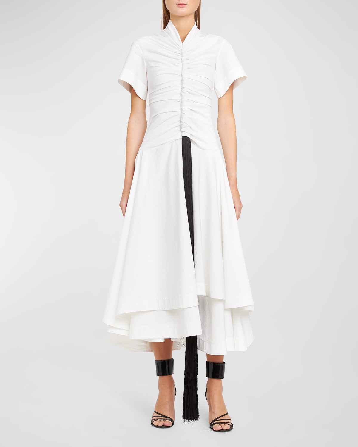 Ruched Short-Sleeve Drop-Waist Poplin Midi Dress With Removable Tassel