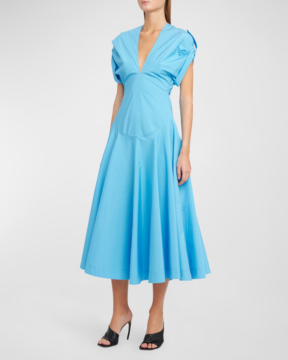 Ferragamo Plunging Cap-sleeve Organic Poplin Midi Dress In Azur