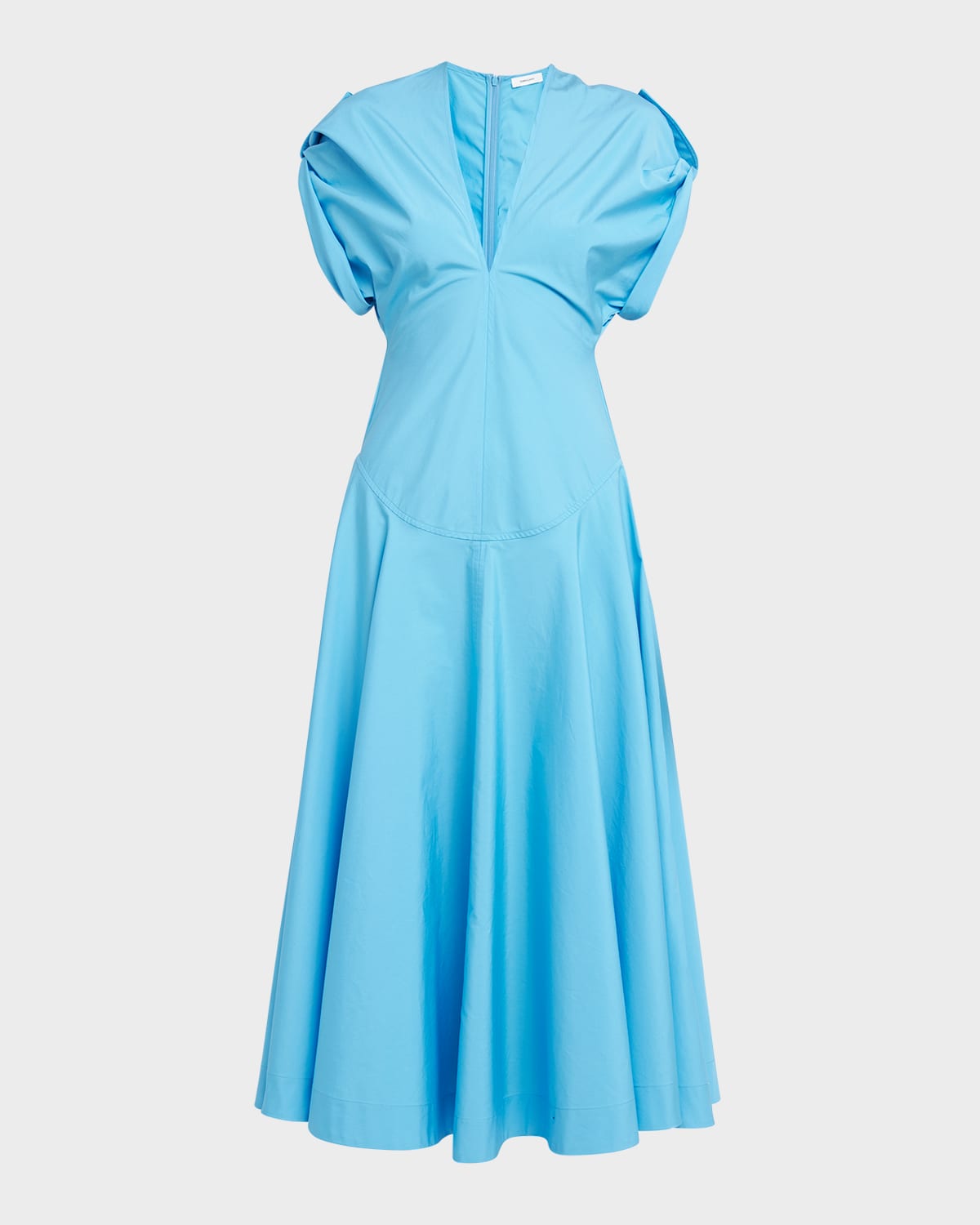 Ferragamo Plunging Cap-sleeve Organic Poplin Midi Dress In Azur