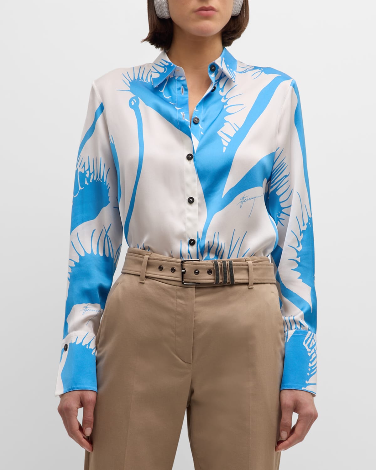 Shop Ferragamo Venus-print Silk Button-down Shirt In White/azur