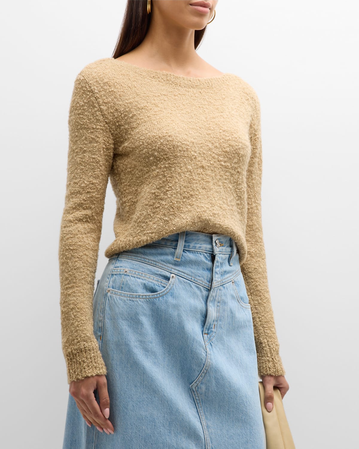 Atm Anthony Thomas Melillo Wool-blend Boucle Long-sleeve Low-back Sweater In Soft Fawn