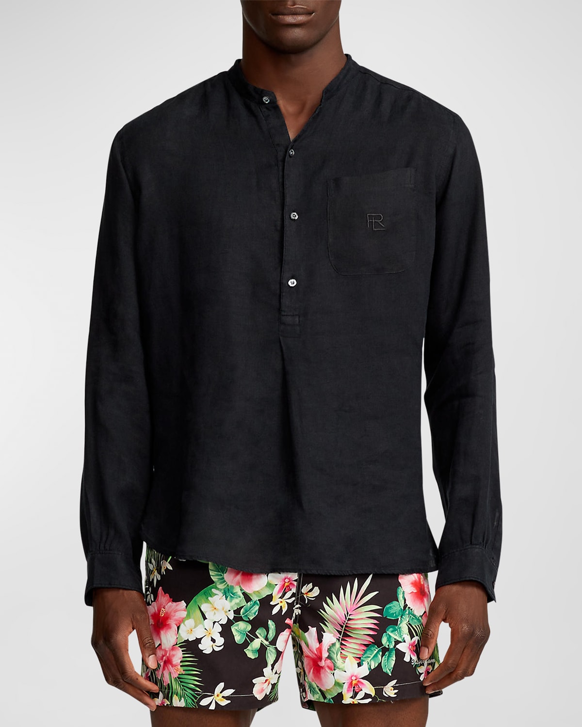 Shop Ralph Lauren Purple Label Men's Ryland Textured Linen Popover Shirt In Black