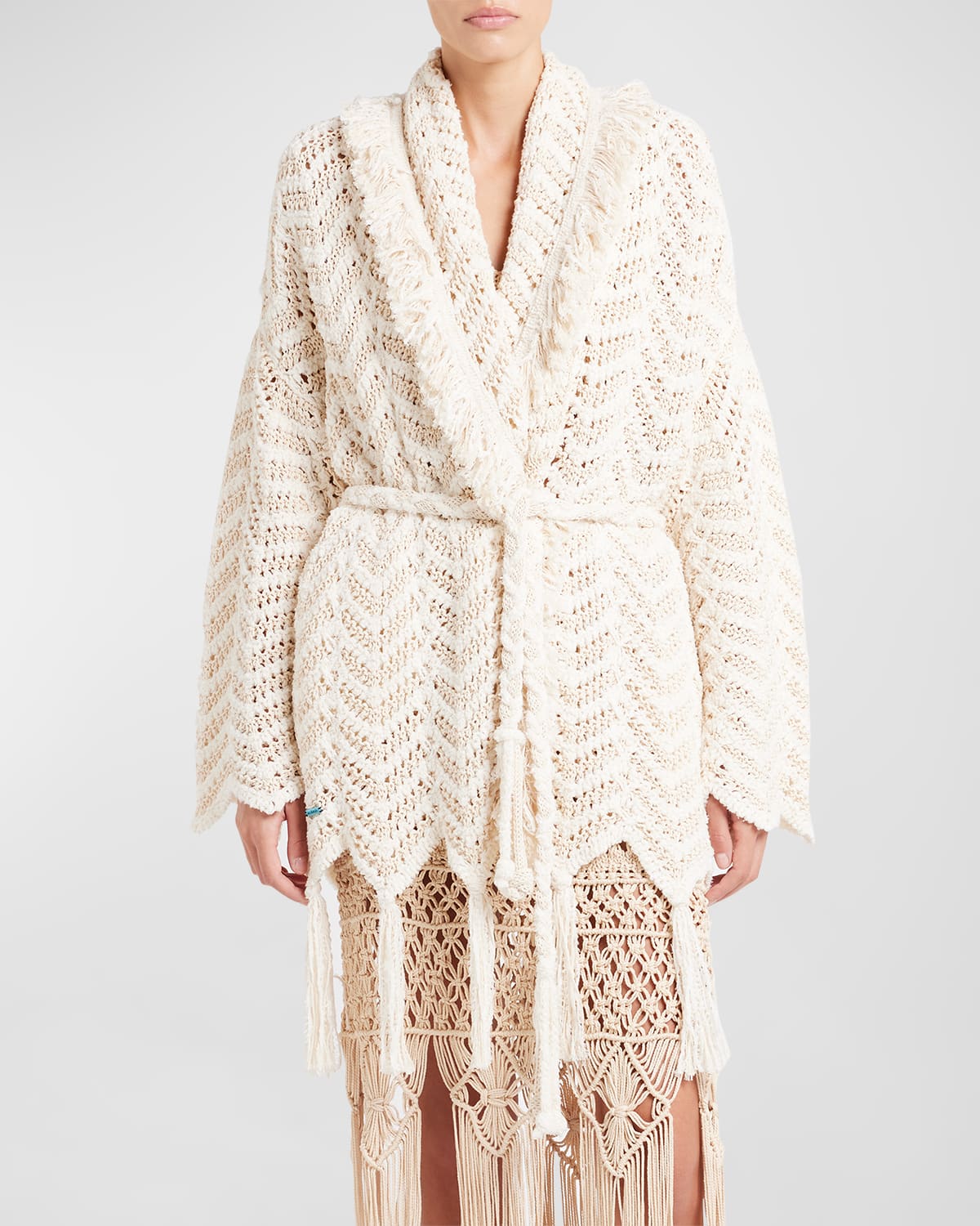 Shop Alanui Natural Chevron Belted Cardigan With Fringe In Off White