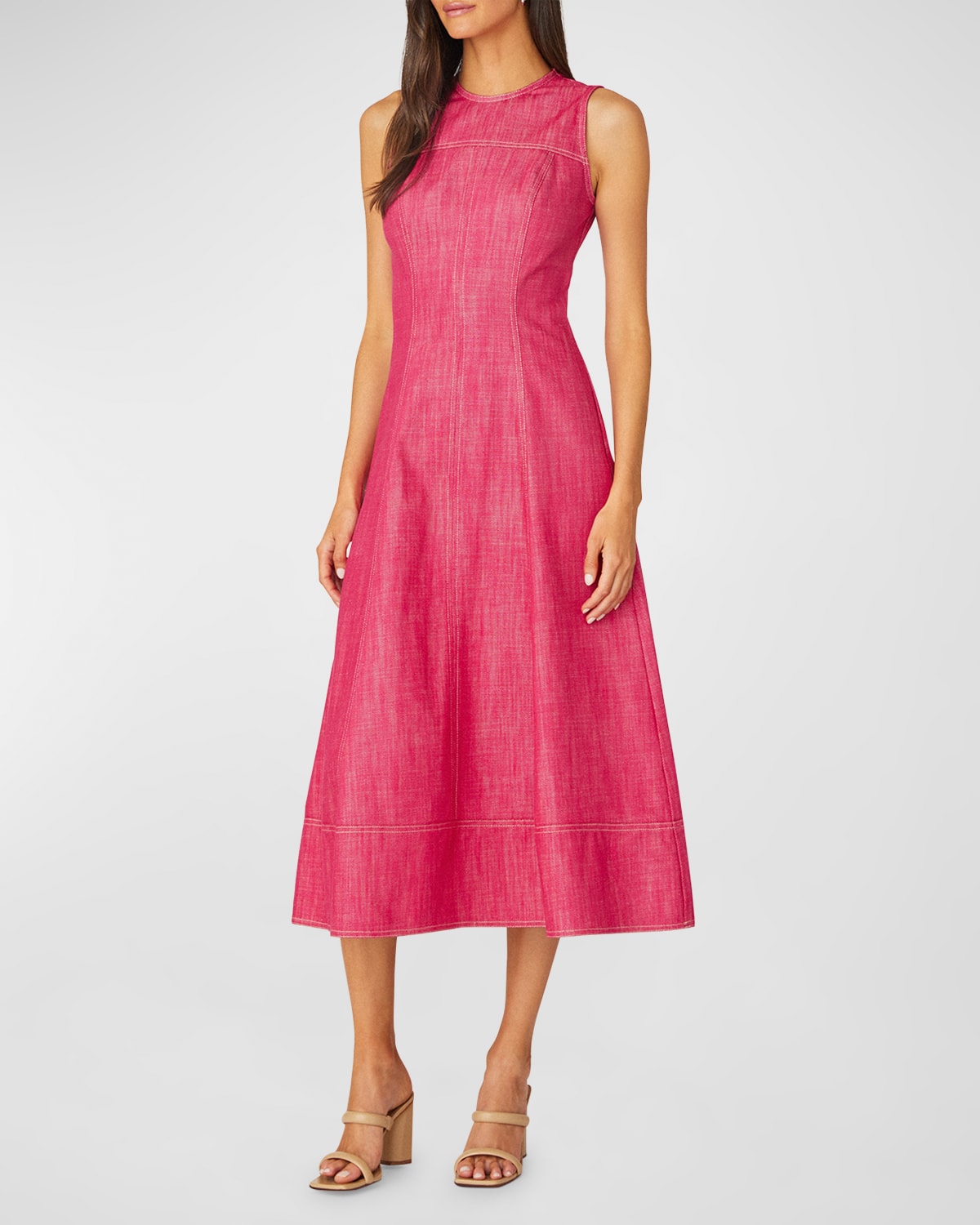 Shop Shoshanna Cora Sleeveless A-line Cotton Midi Dress In Strawberry