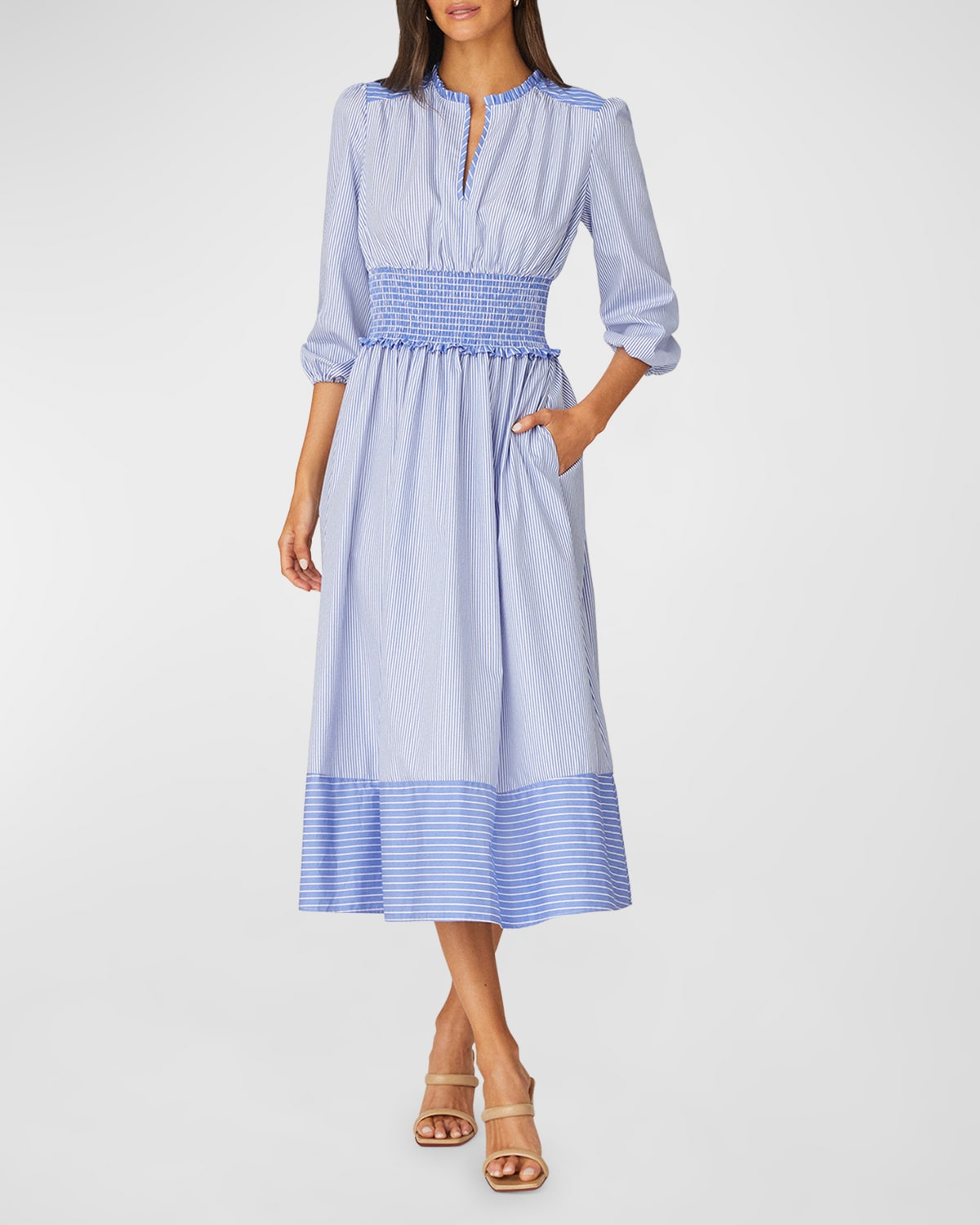 Shoshanna Eden Striped Split-neck Smocked Midi Dress In Fr Blu/opt