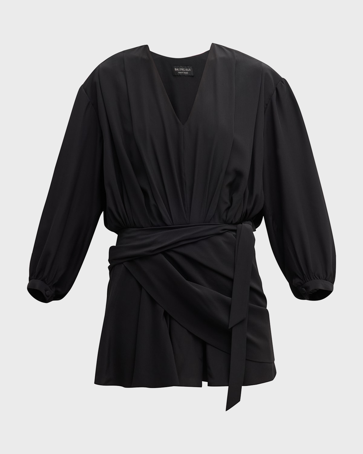 V-Neck Draped Belted Long-Sleeve Silk Crepe Mini Dress