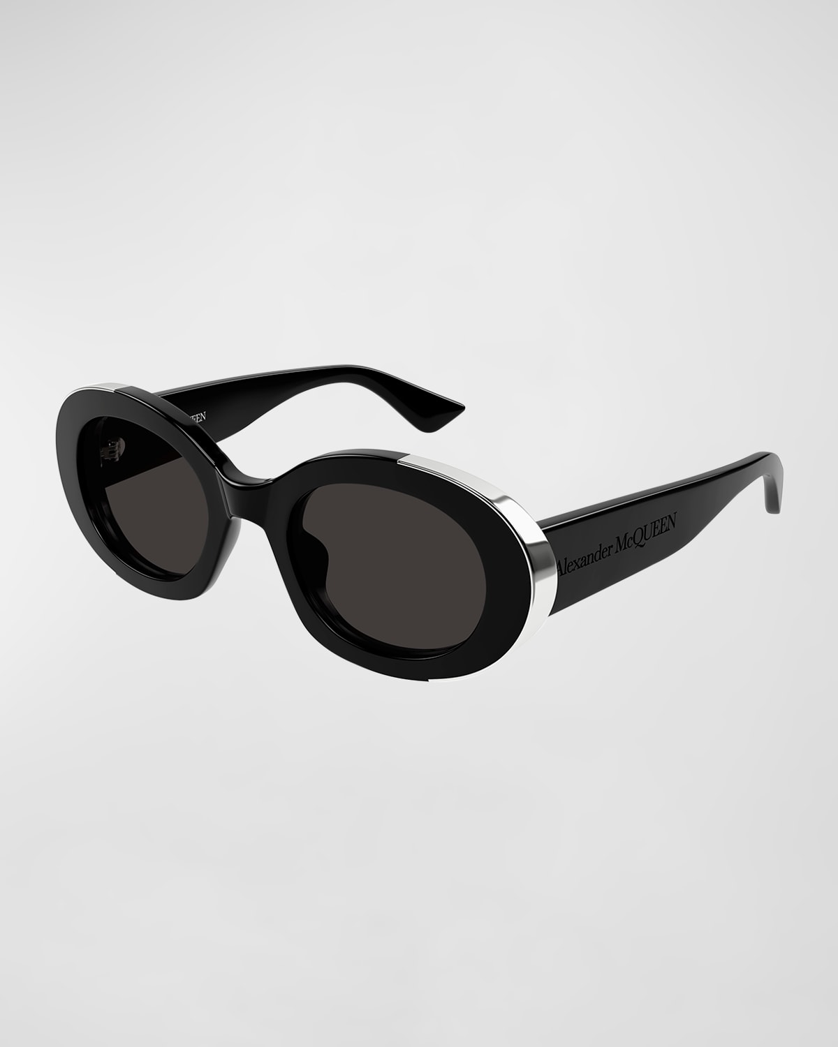 Shop Alexander Mcqueen Silver Embellished Acetate Oval Sunglasses In Shiny Solid Black