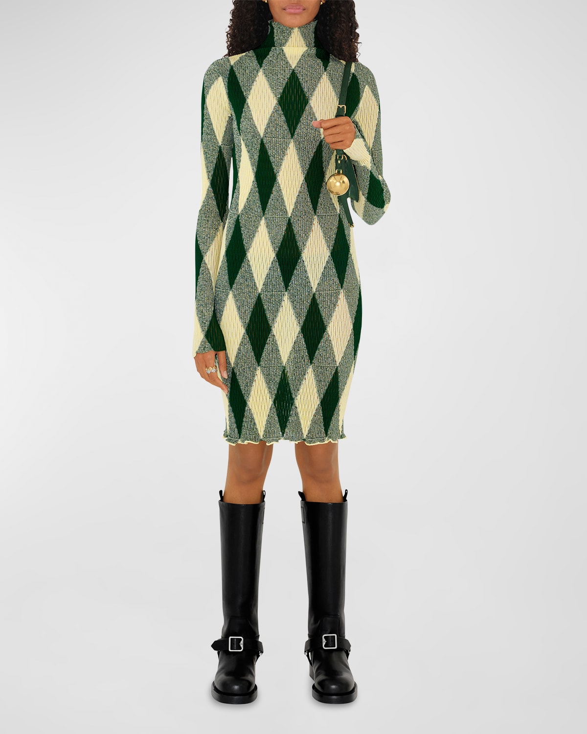 Burberry High-neck Slim Fit Dress With Argyle Motif In Ivy Ip Pattern