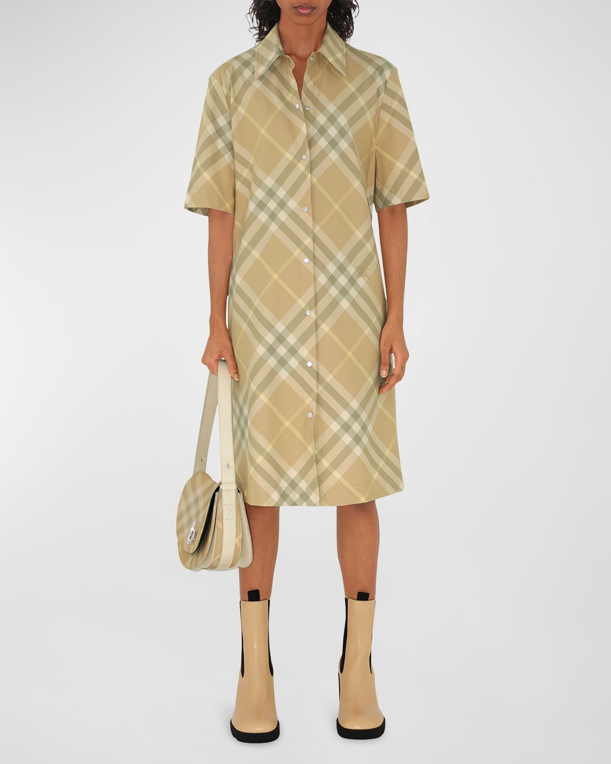 Shop Burberry Signature Check Button-front Shirtdress In Flax Ip Check