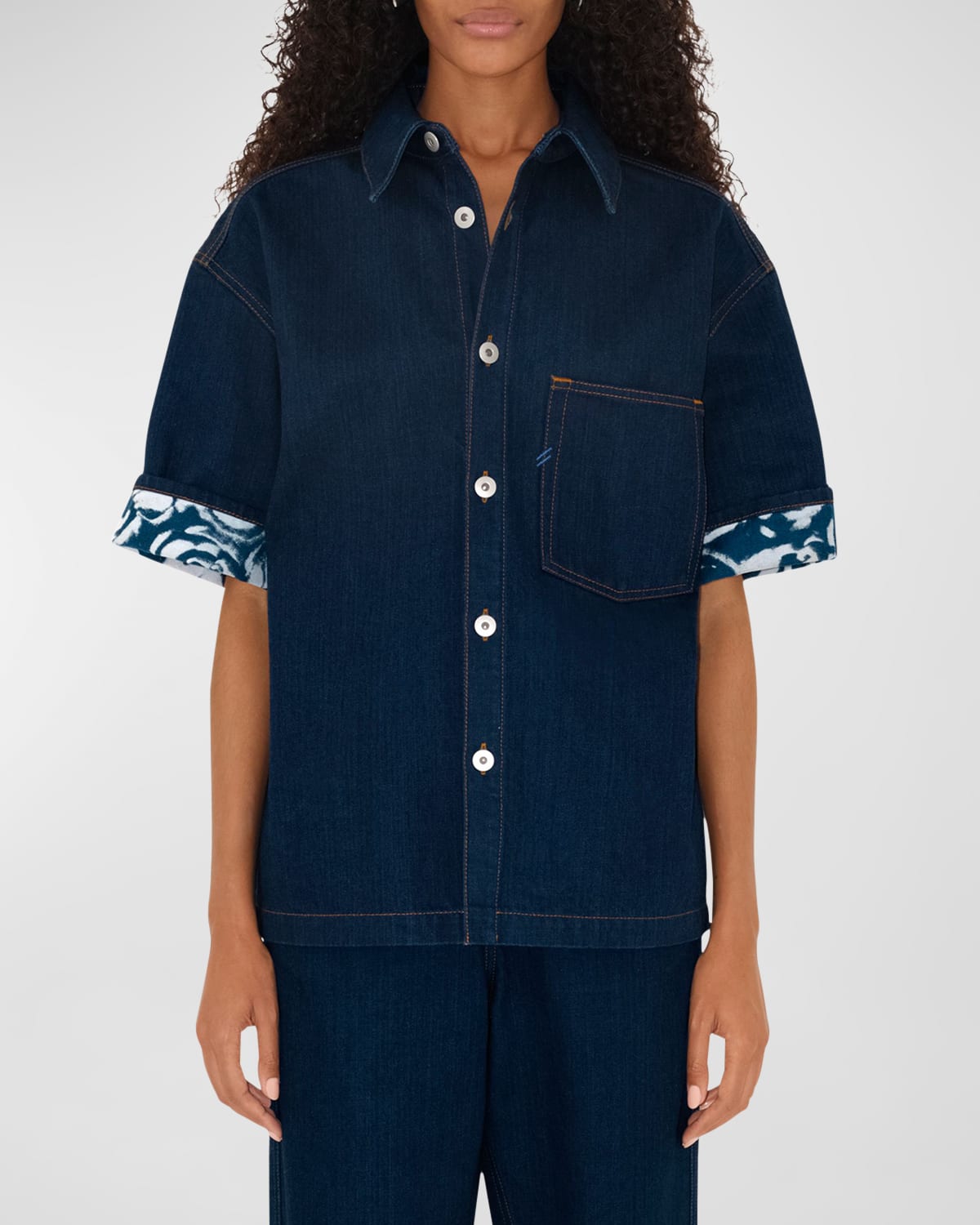 Shop Burberry Heavyweight Denim Short-sleeve Button-front Shirt In Indigo Blue
