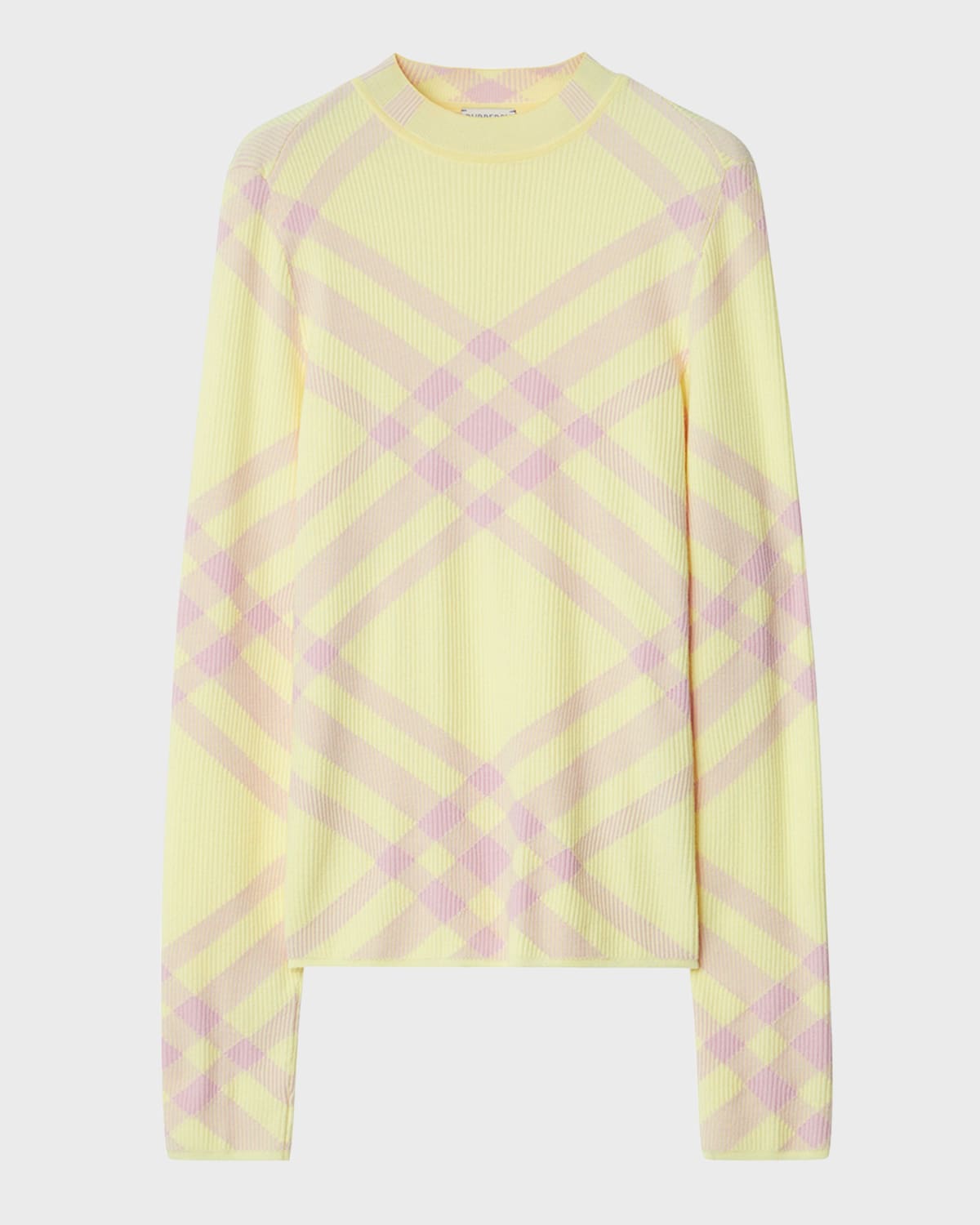 Burberry Crew Neck Ribbed Wool Blend Sweater With Tartan Motif In Sherbet Ip Check