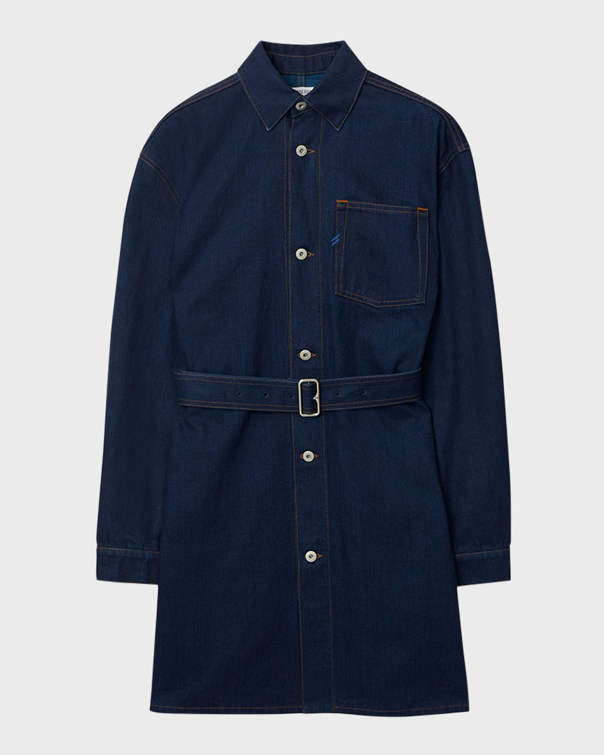 Shop Burberry Rose-print Cuff Belted Denim Shirtdress In Indigo Blue