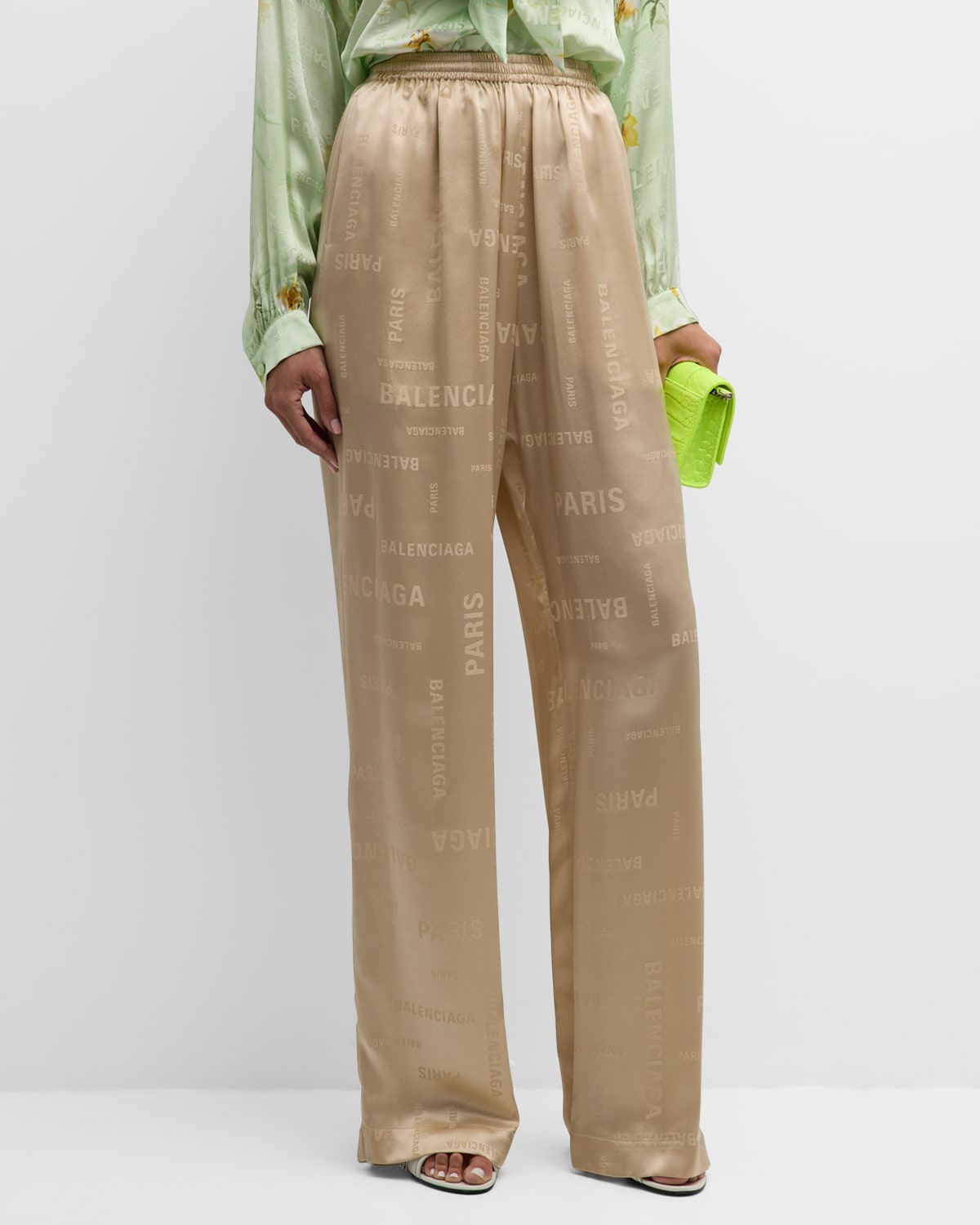 Shop Balenciaga Bal Paris Allover Fluid Tracksuit Pants In 1975 Champagne Beige