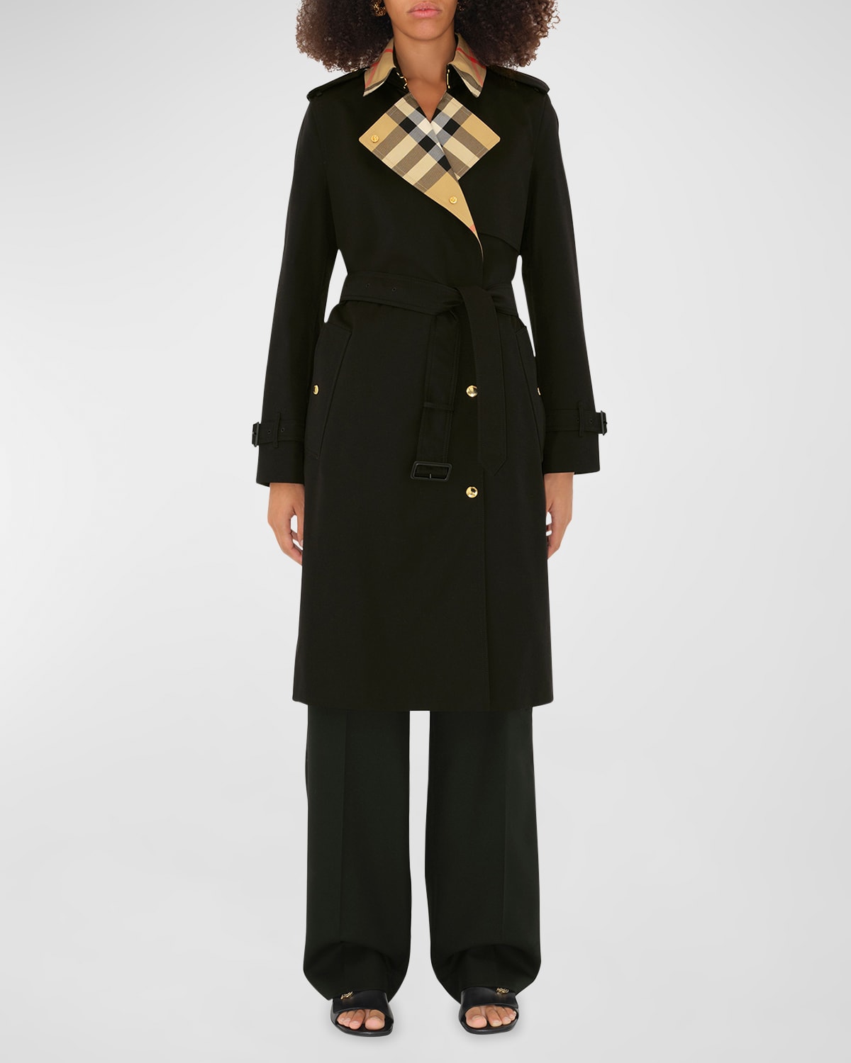 Shop Burberry Sandridge Check Belted Double-breasted Trench Coat In Black