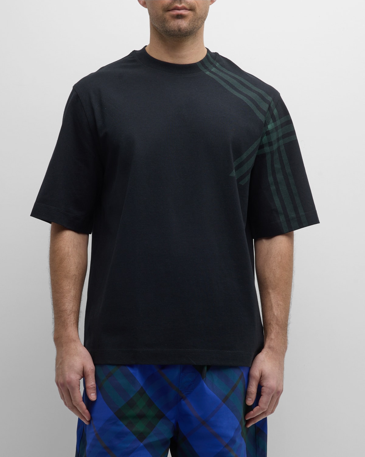 Shop Burberry Men's T-shirt With Plaid Shoulder In Black