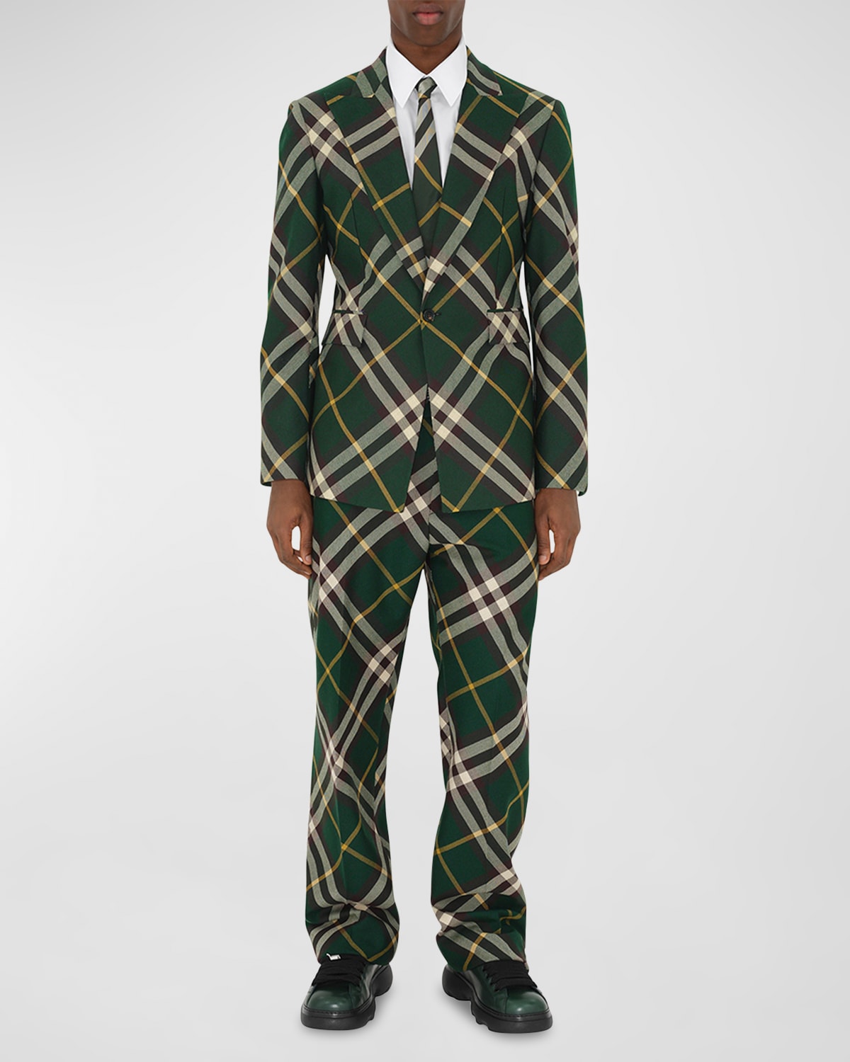 Shop Burberry Men's Check Wool Suit Jacket In Ivy Ip Check
