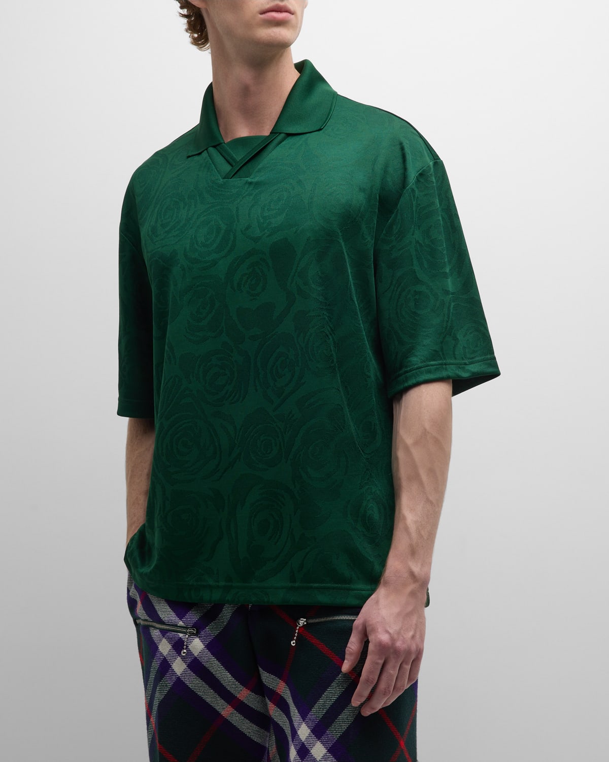 Shop Burberry Men's Tonal Rose Jacquard Polo Shirt In Ivy Ip Pattern