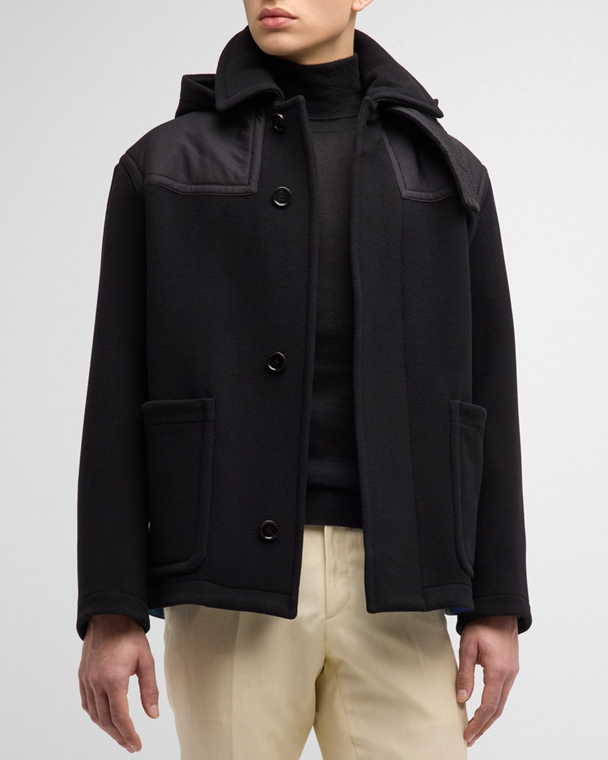 Shop Burberry Men's Short Nylon-yoke Duffel Coat In Black