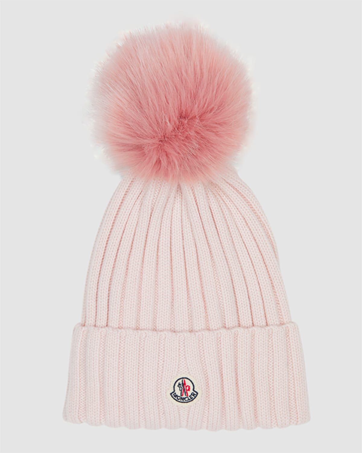 Moncler Ribbed Wool Beanie With Fur Pom In Light Pink