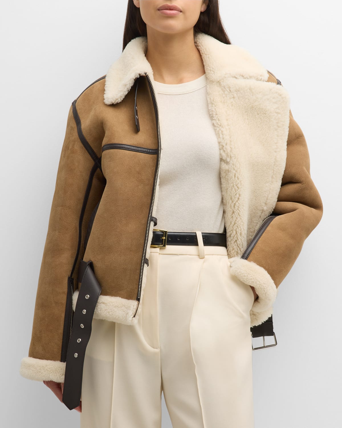 Totême Sheep Shearling Belted Aviator Jacket In Dark Beige