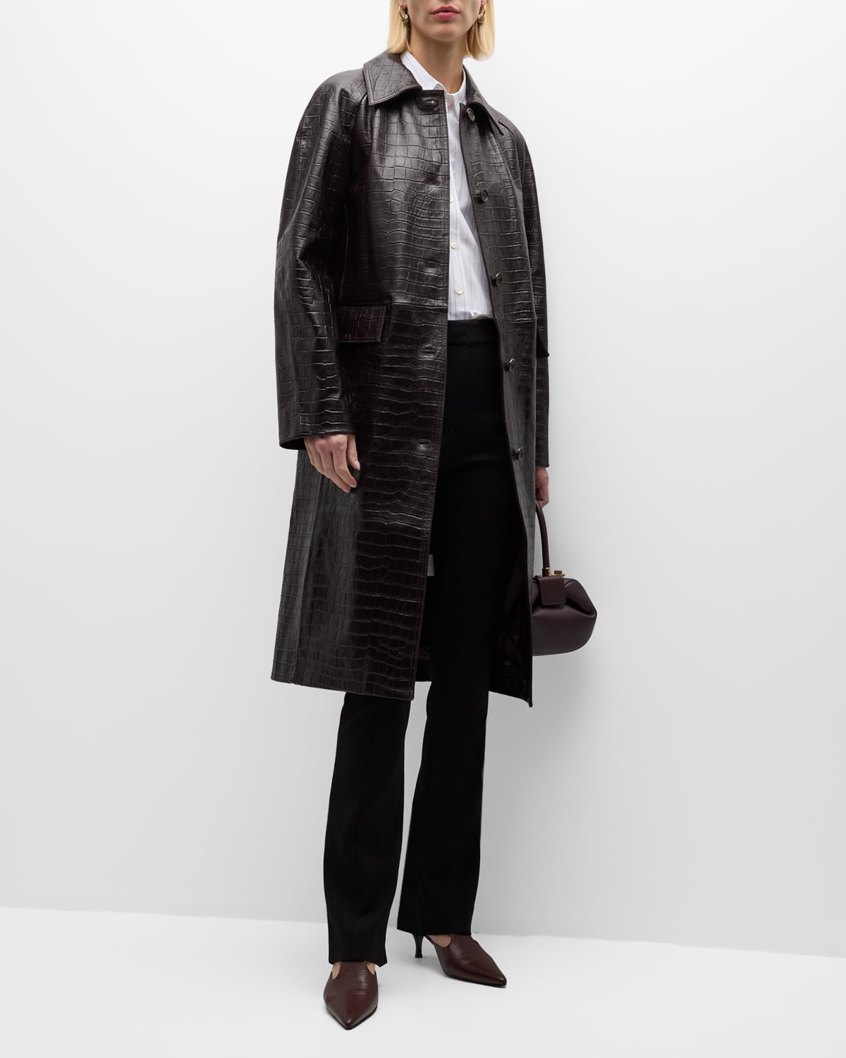 Shop Totême Raglan-sleeve Croc-embossed Leather Midi Coat In Dark Brown