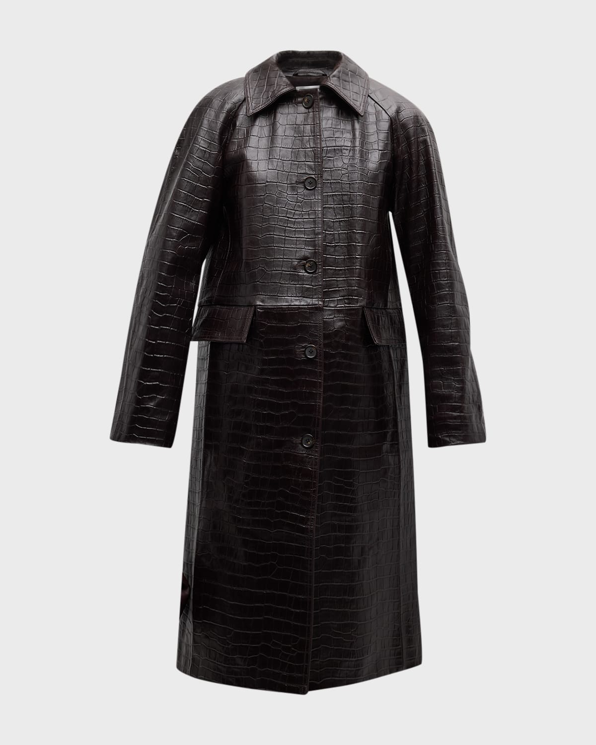 Shop Totême Raglan-sleeve Croc-embossed Leather Midi Coat In Dark Brown