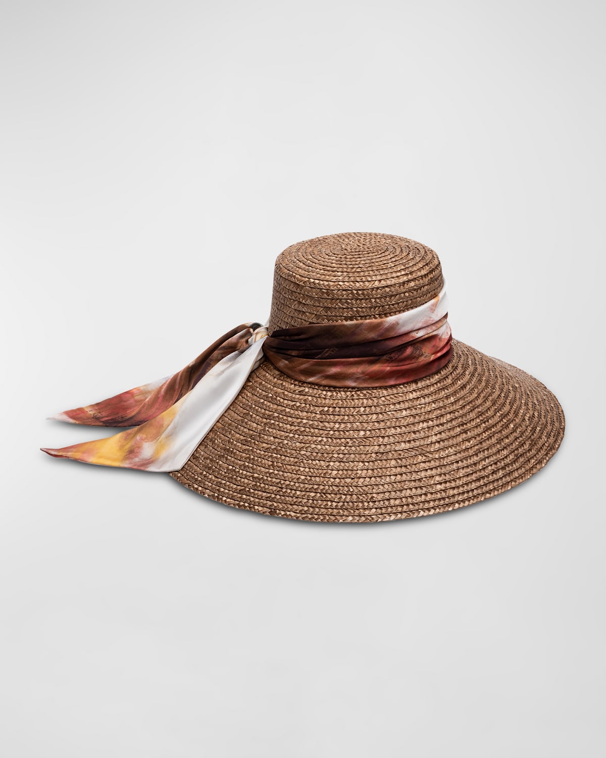 Mirabel Straw Large-Brim Hat With Patterned Scarf