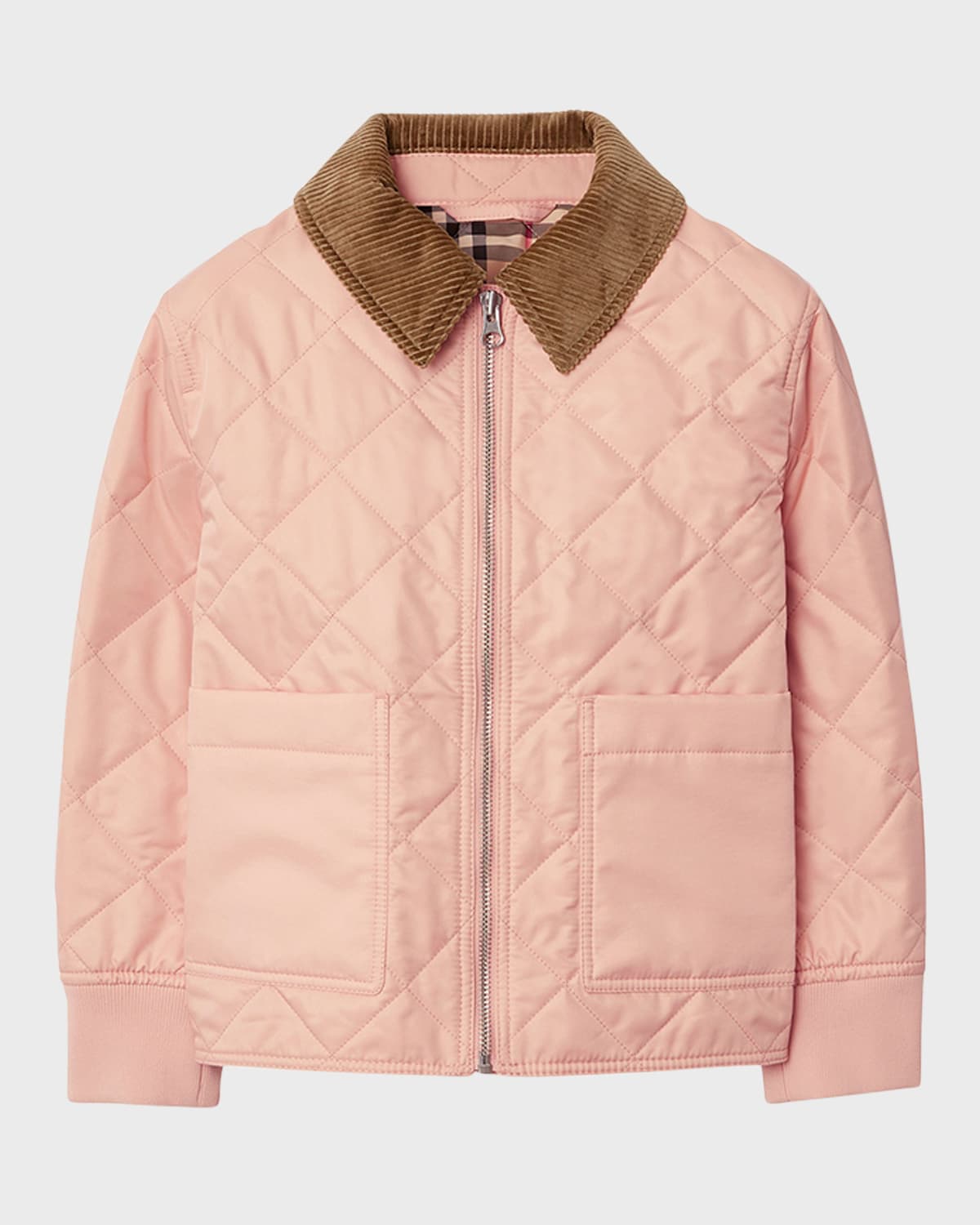 Shop Burberry Girl's Otis Corduroy Collar Quilted Jacket In Coral Rose