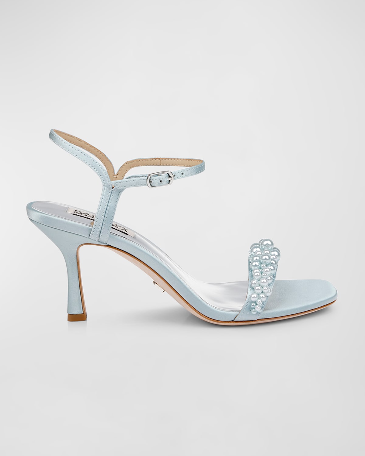 Shop Badgley Mischka Caitlyn Pearly Satin Ankle-strap Sandals In Mist