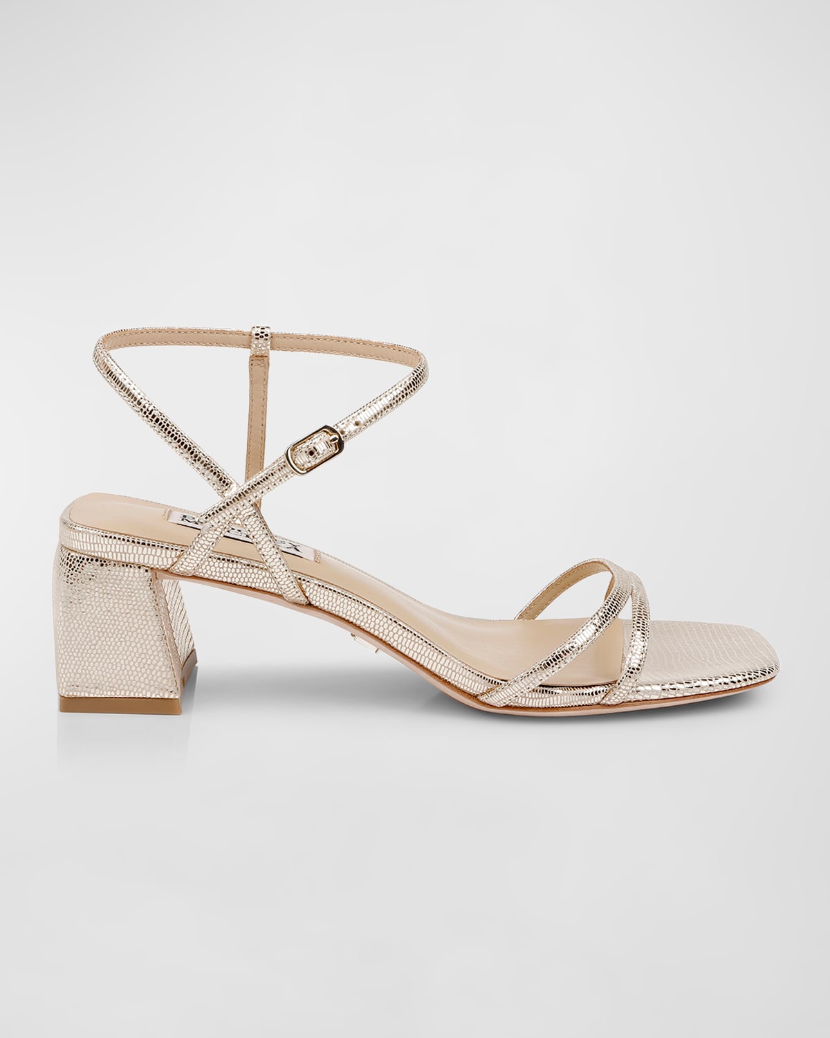 Shop Badgley Mischka Carlota Metallic Embossed Ankle-strap Sandals In Platino (gold)