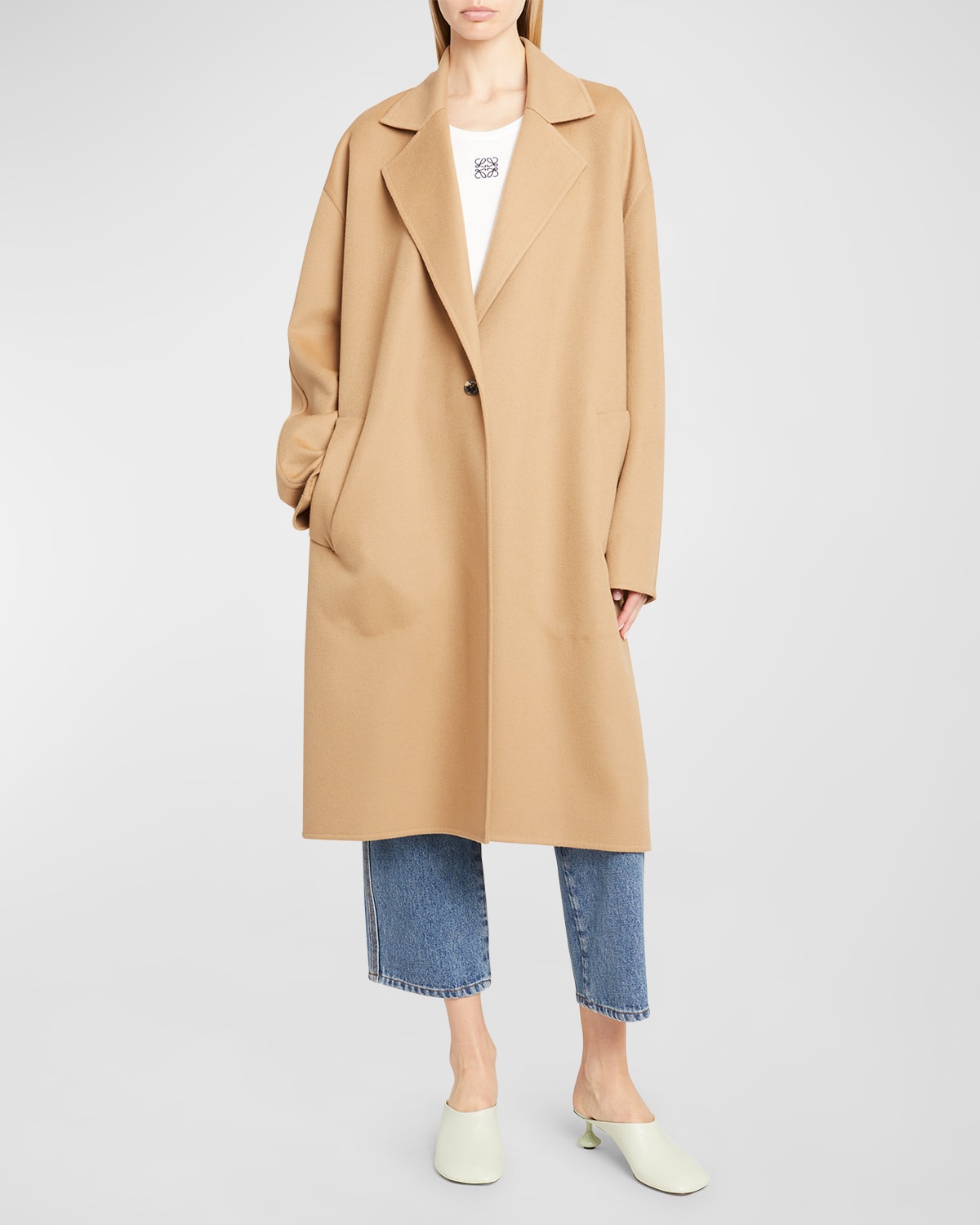 Loewe Single-breasted Cashmere Long Coat In Camel
