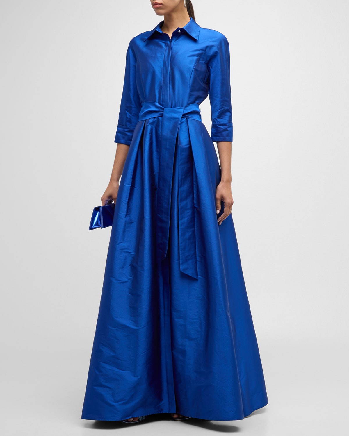 Rickie Freeman For Teri Jon Belted A-line Taffeta Shirt Gown In Royal Blue