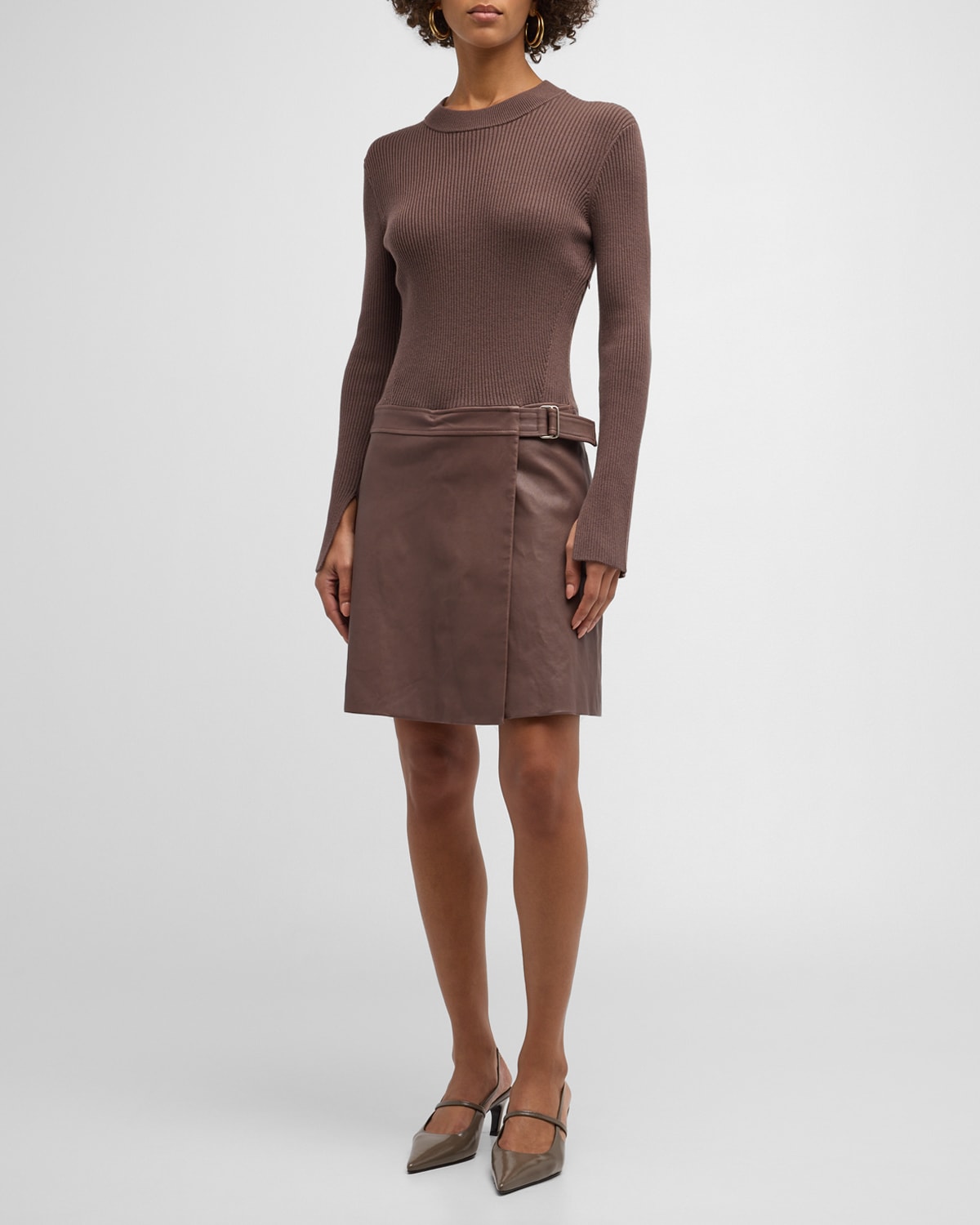 Derek Lam 10 Crosby Nancy Long-sleeve Mixed-media Mini Dress In Dark Truffle
