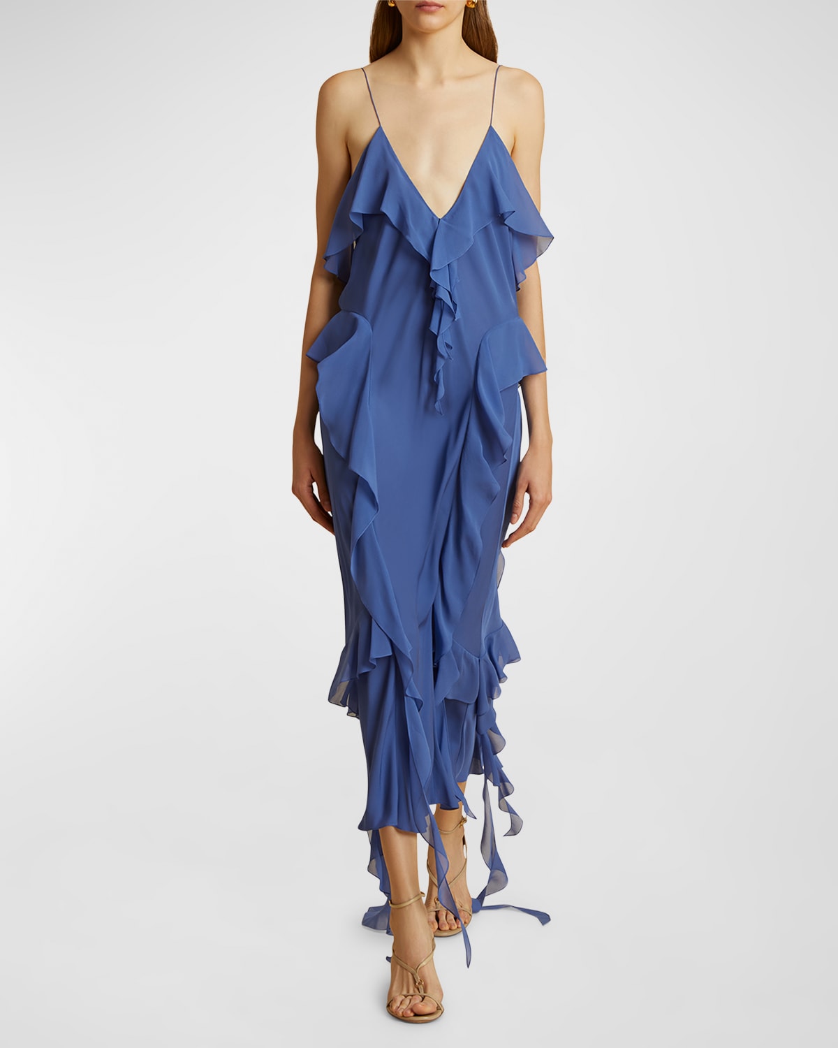 Shop Khaite Pim Cascading-ruffles Sleeveless Maxi Dress In Blue Iris