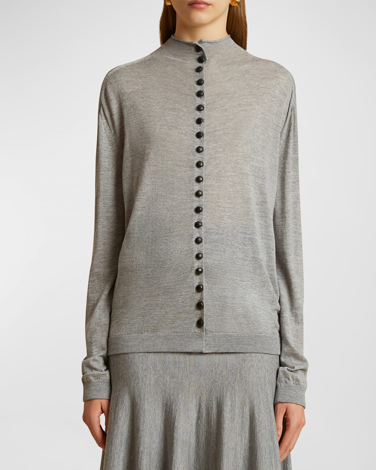 Khaite Danika Funnel-neck Button-front Long-sleeve Top In Heather Grey