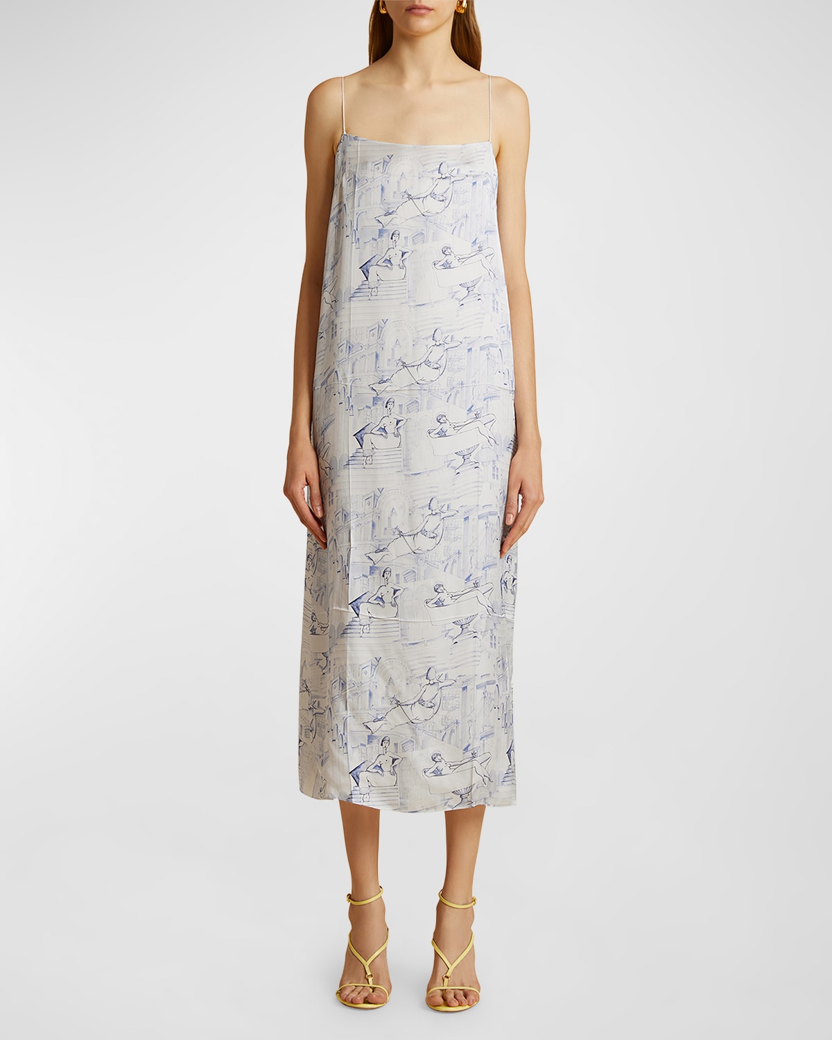Khaite Sicily Toile-print Sleeveless Midi Shift Dress In Cream Blue