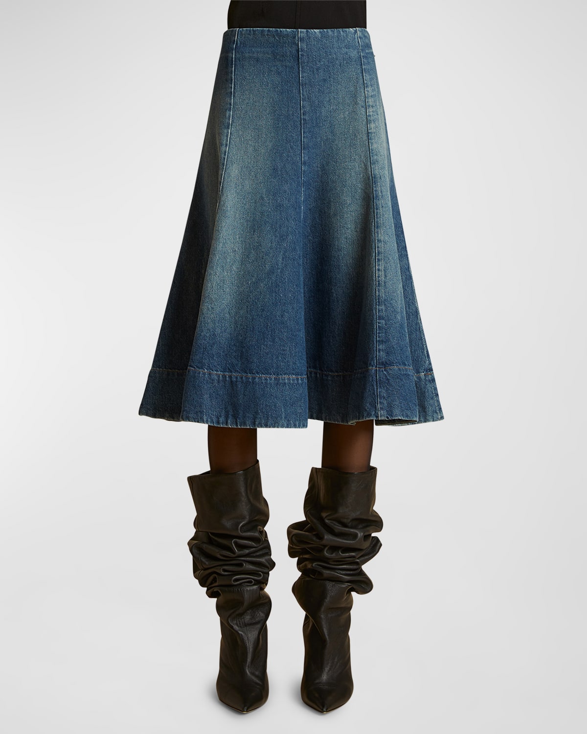 Shop Khaite Lennox Paneled Denim Midi Skirt In Archer