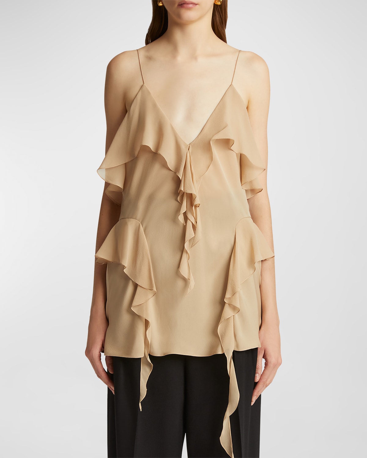 Khaite Piet Cascading-ruffle Sleeveless Tunic Top In Beige