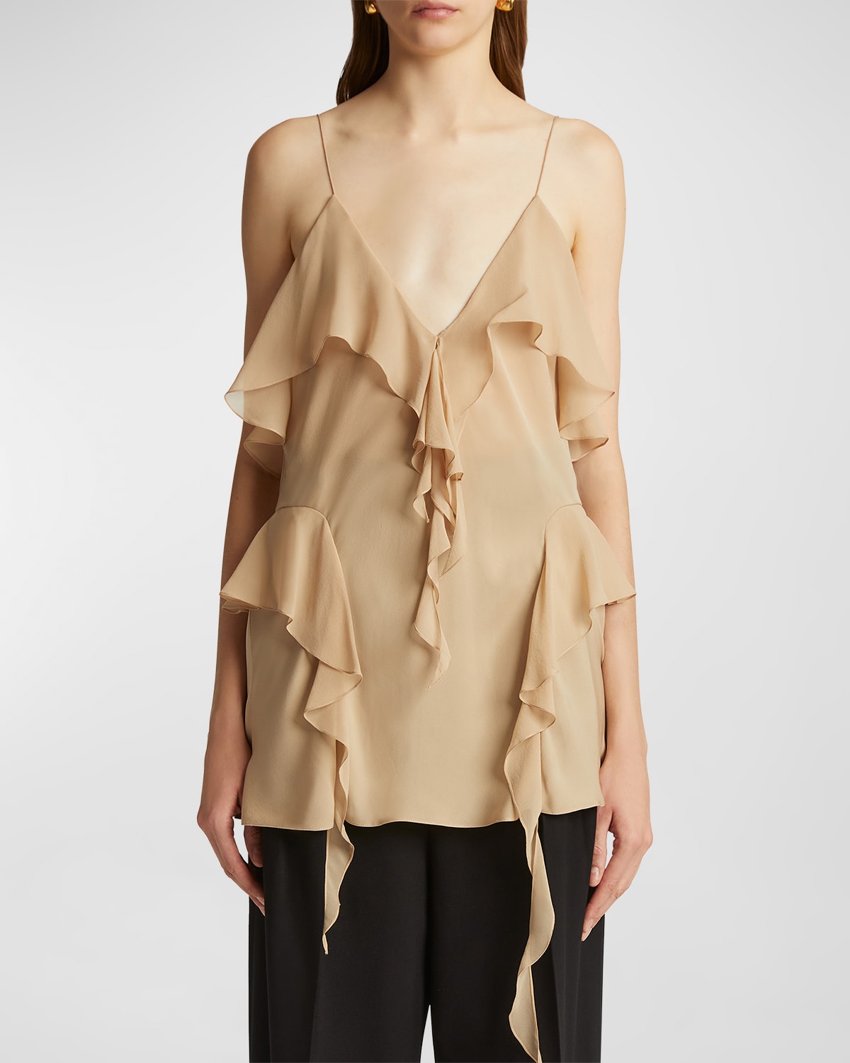 Shop Khaite Piet Cascading-ruffle Sleeveless Tunic Top In Beige