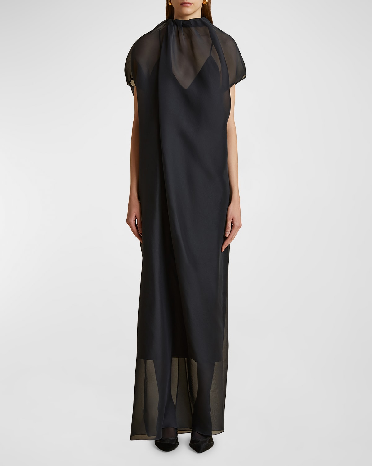 Shop Khaite Essie Gathered Neck-tie Cap-sleeve Silk Chiffon Gown In Black