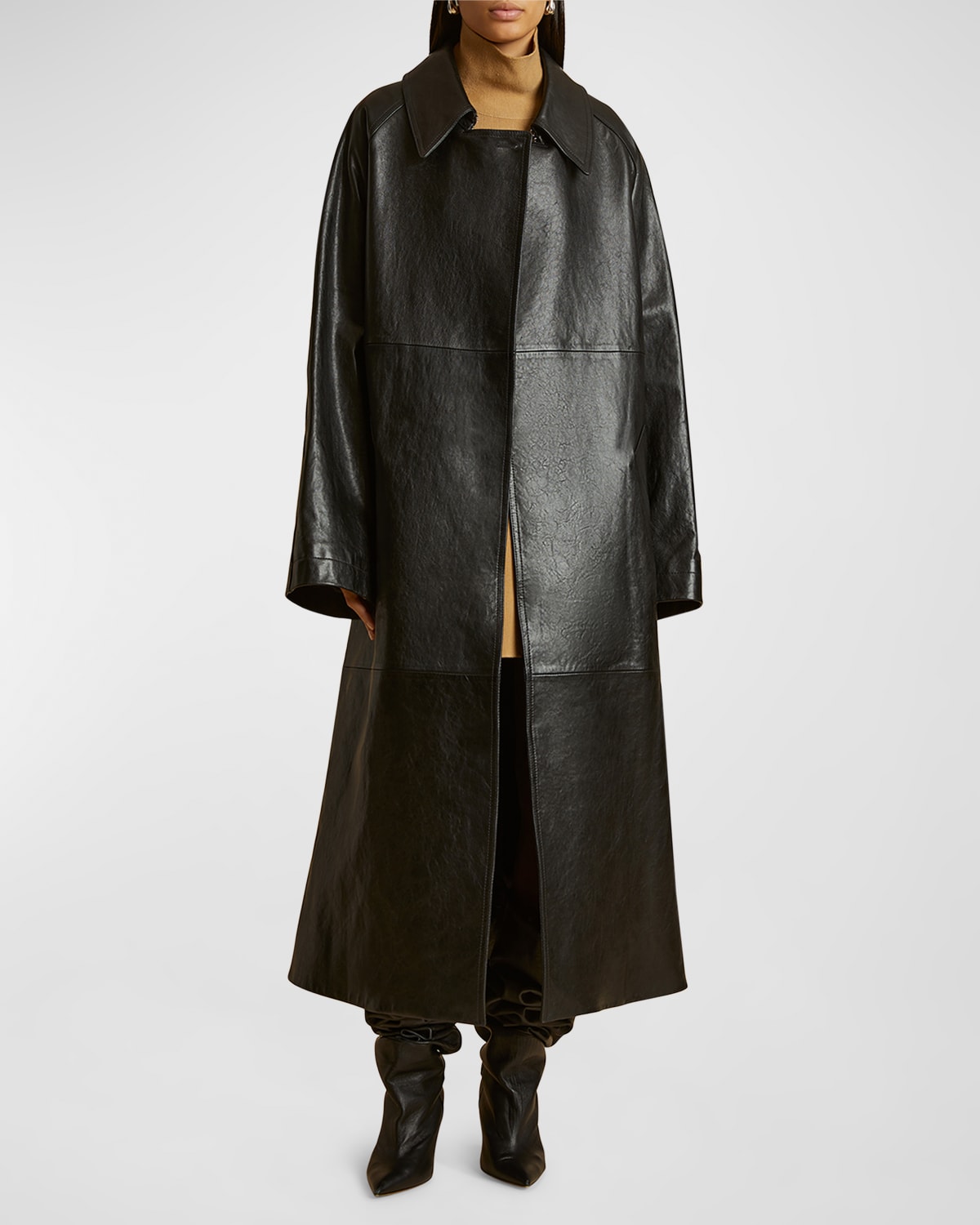 Khaite Minnie Belted Leather Long Trench Coat In Black