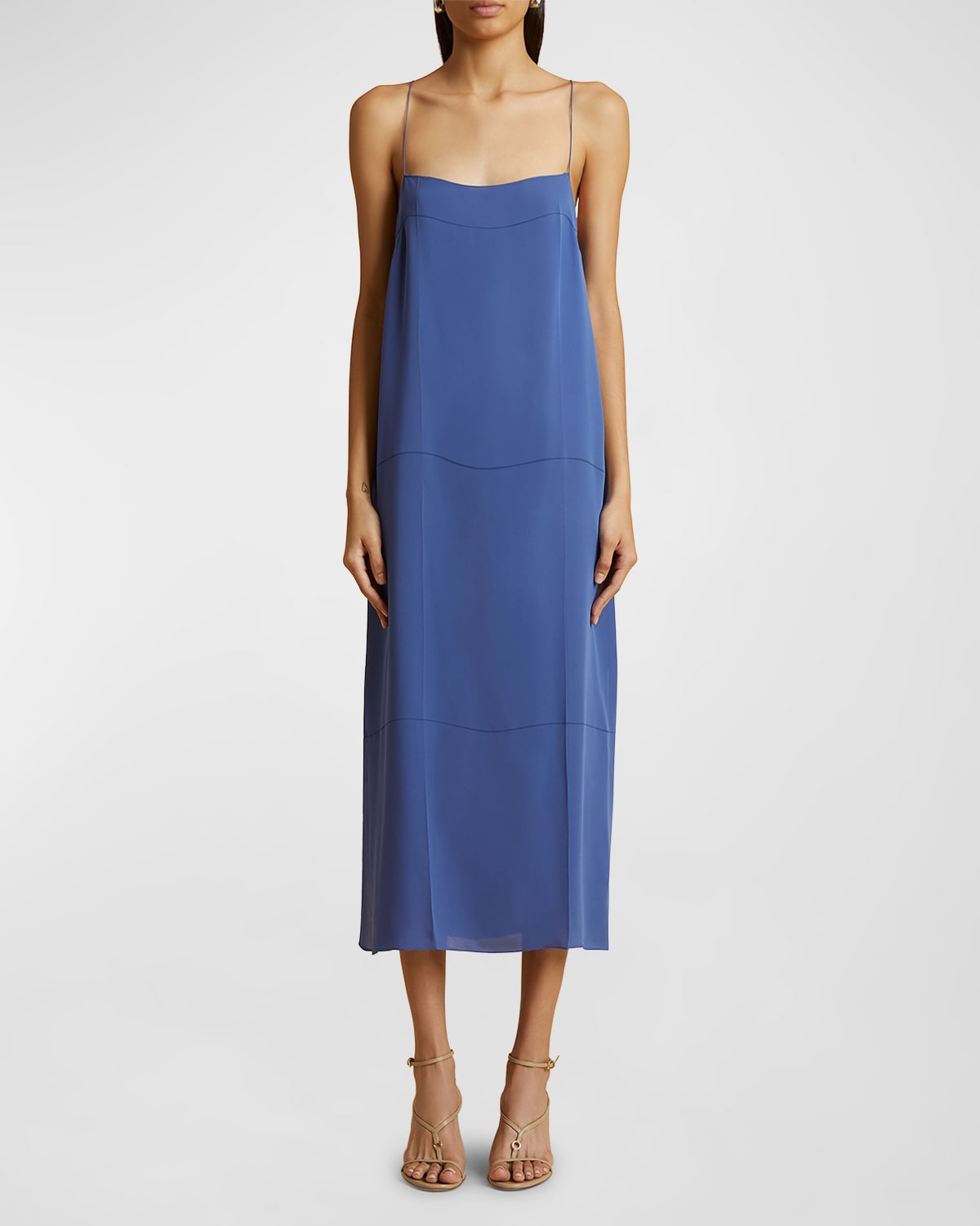 Shop Khaite Sicily Slit-hem Sleeveless Silk Midi Dress In Blue Iris