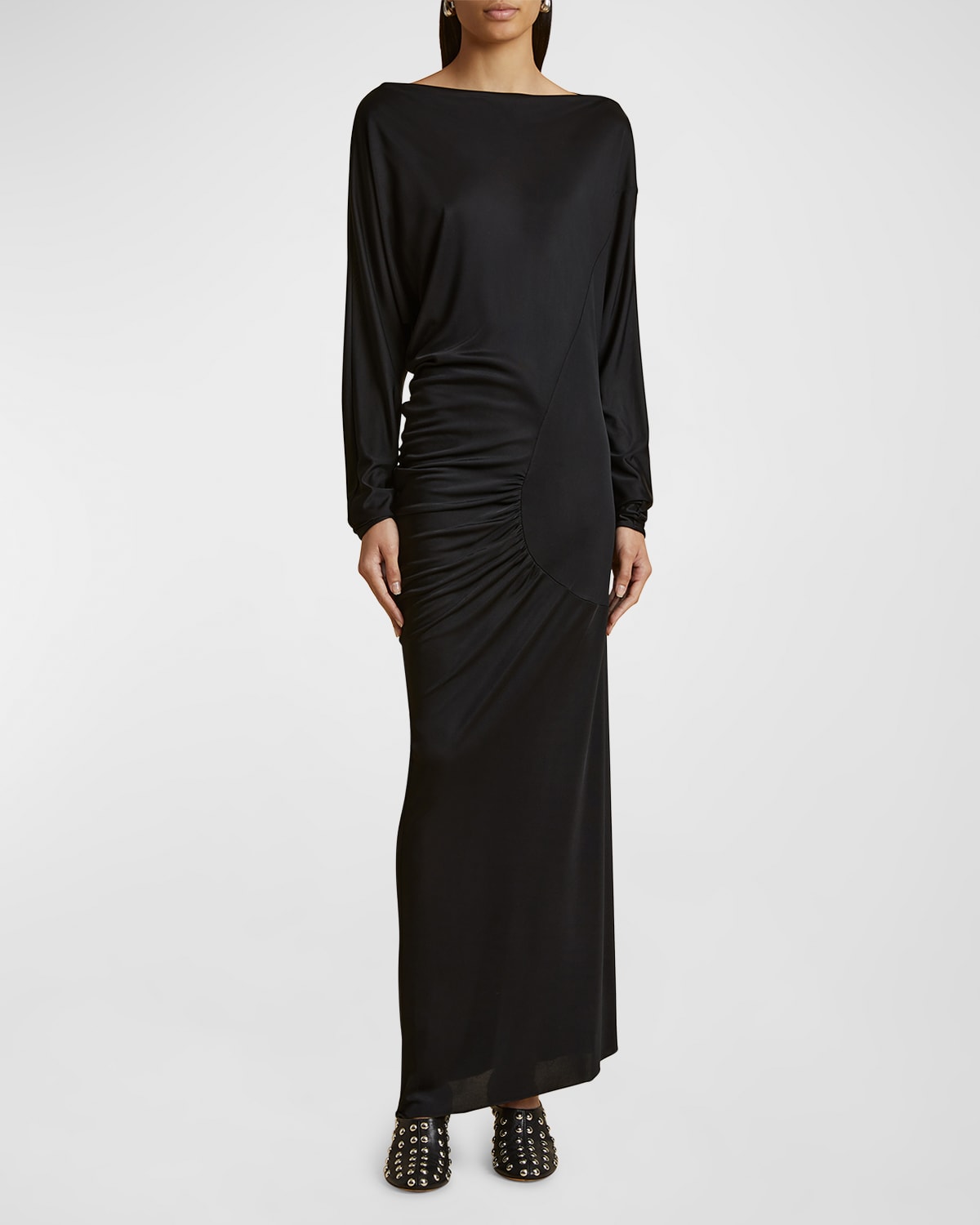 Shop Khaite Oron Long-sleeve Asymmetric Gathered Maxi Dress In Black