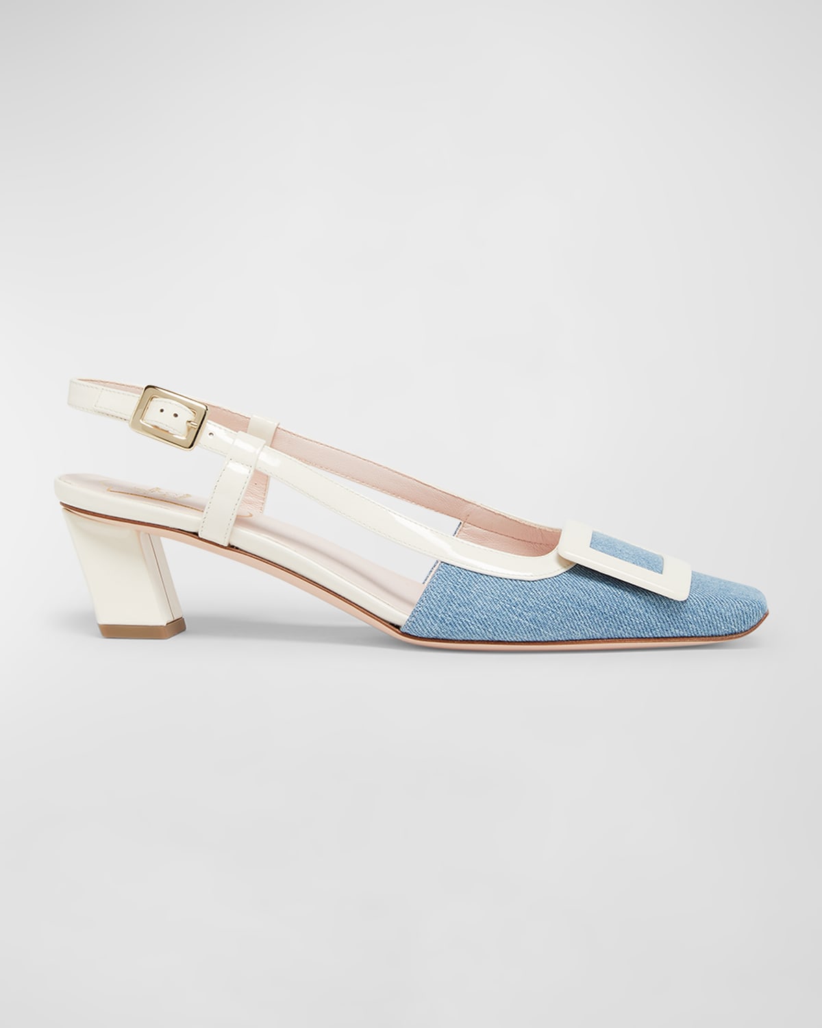 Roger Vivier Belle Vivier 45 Patent-leather And Denim Slingback Pumps In Jeans Chiaro/whit
