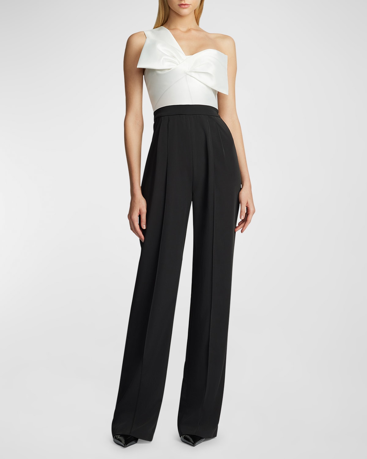 Shop Zac Posen One-shoulder Two-tone Bow-front Jumpsuit In Blackwhite-004