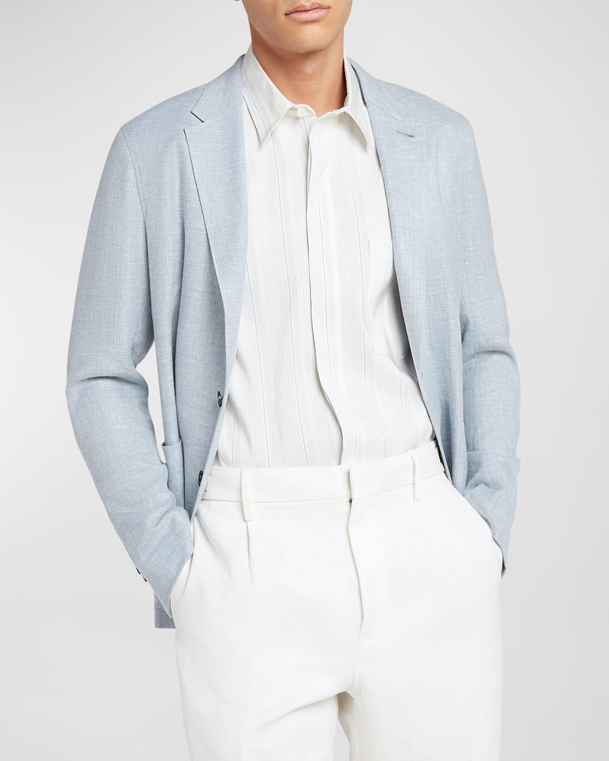 Zegna Men's Crossover Linen And Wool-blend Shirt Jacket In Bright Blue Solid