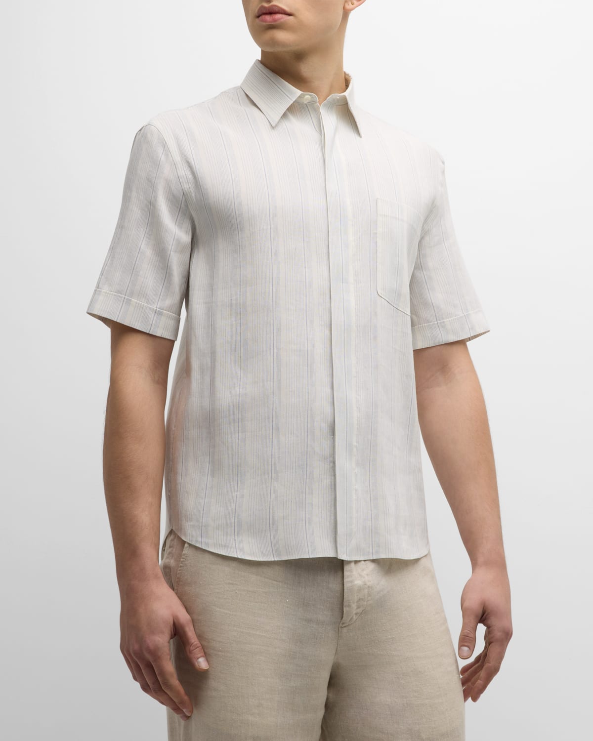 Zegna Men's Linen-silk Stripe Short-sleeve Shirt In Dark Blue Stripe