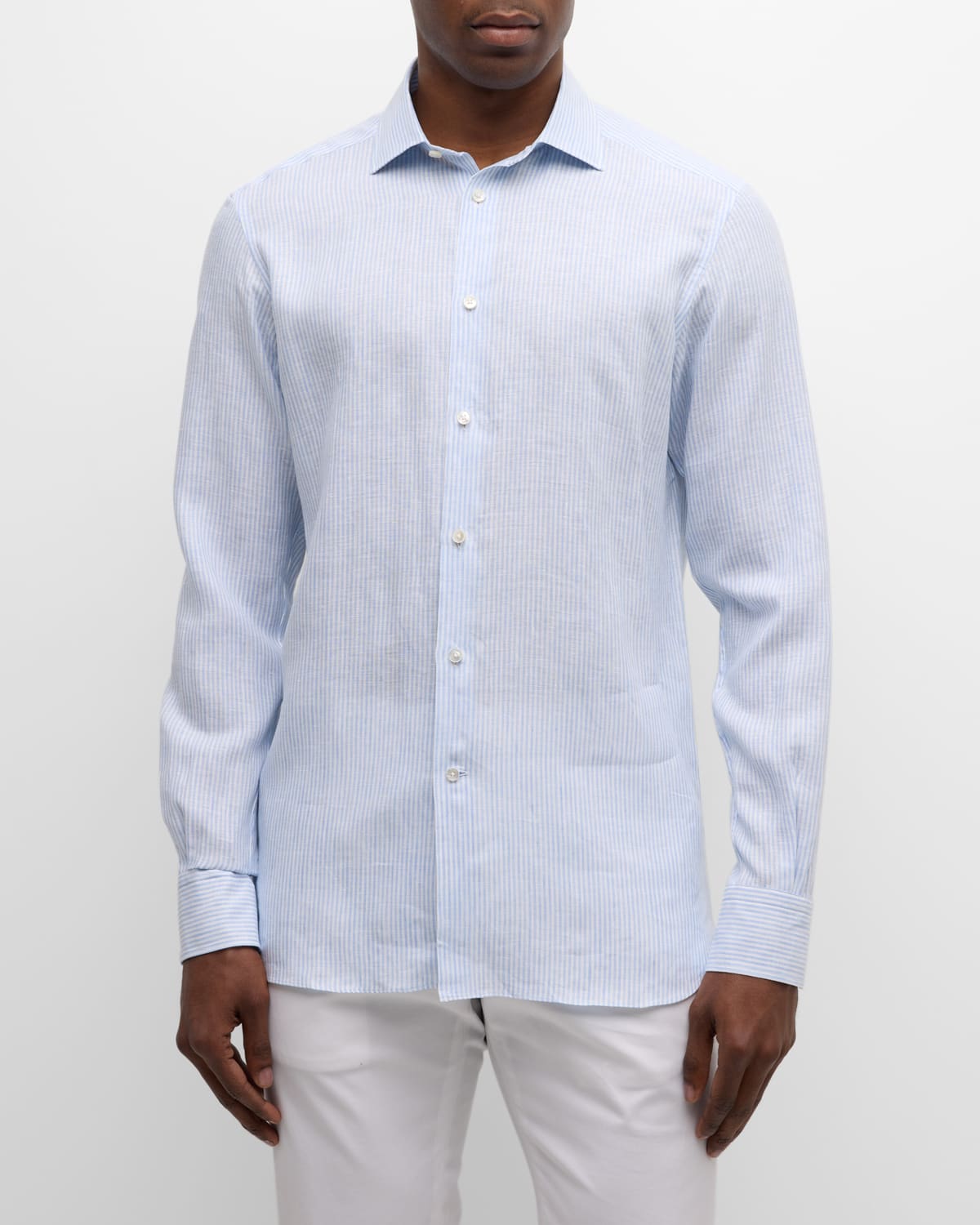 Zegna Stripe Oasi Linen Button-up Shirt In Bright Blue Strip